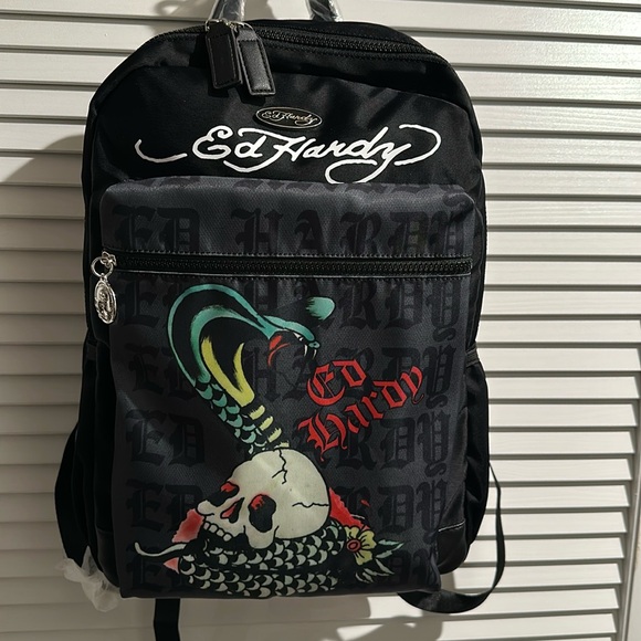 NWT Ed Hardy Skull & Tiger Large Backpack with side Mesh Pockets.